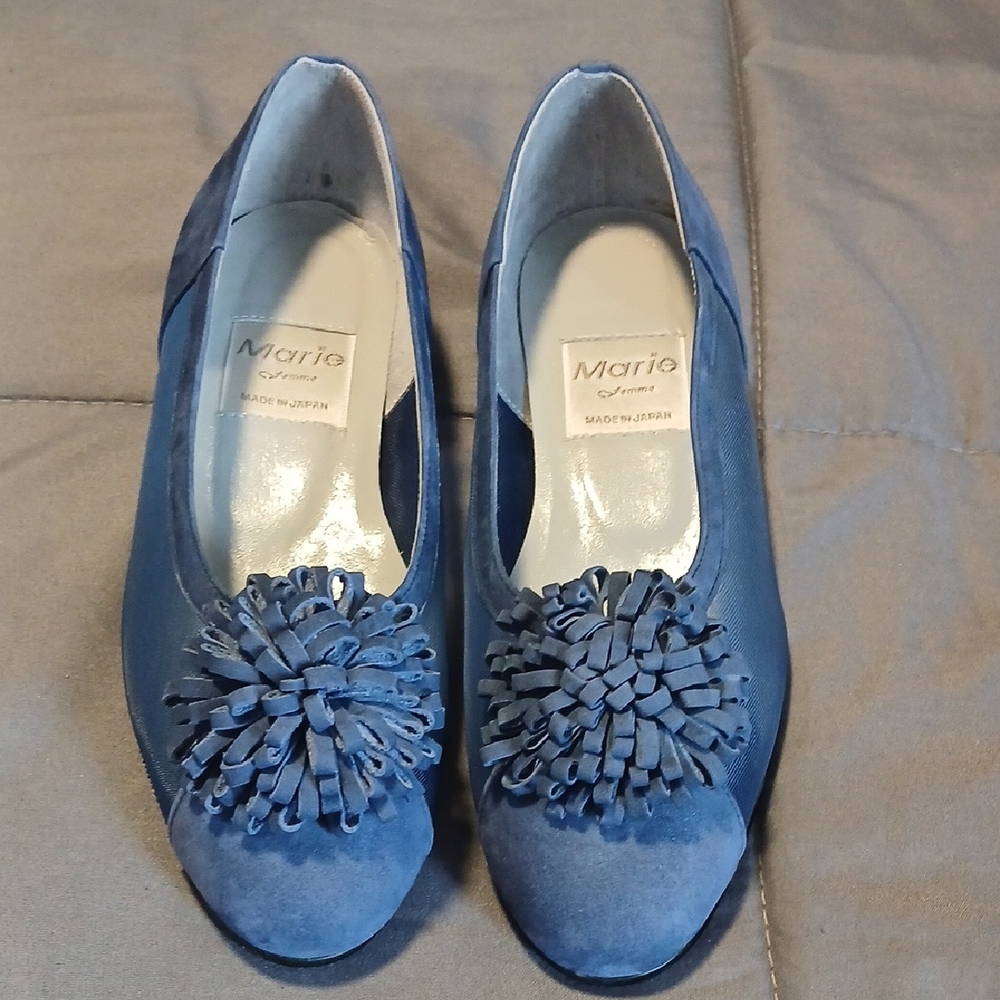 Maripe Blue Suede Loafers with Pom-Pom Accent